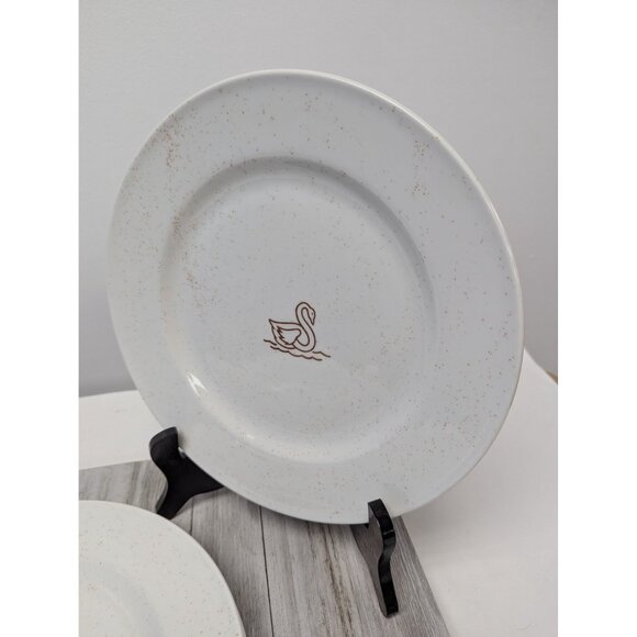 Vintage Schwans Set of 3 Dinner Plates White Brown Speckles Swan Logo 10 1/2" - Picture 2 of 7